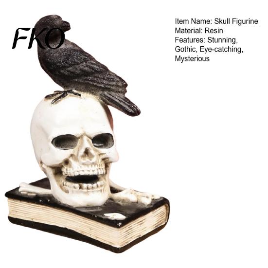 Resin Skeleton Statue Mystical Raven on Skull Statue, Gothic Crow Perching Figurine Aged Texture Decor with Book, Spooky Halloween Sculpture for Desk