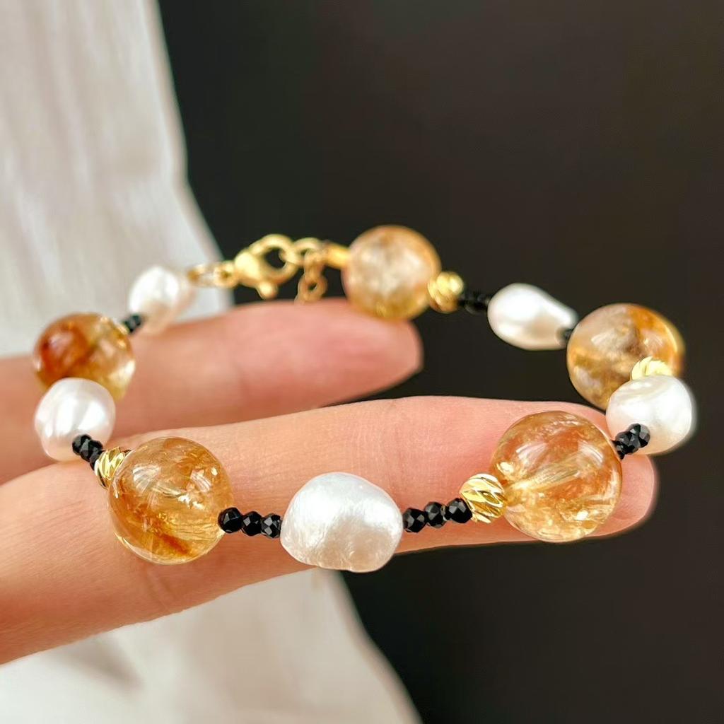 Retro High Quality Natural Freshwater Pearl Citrine Contrasting Color Design Bracelet