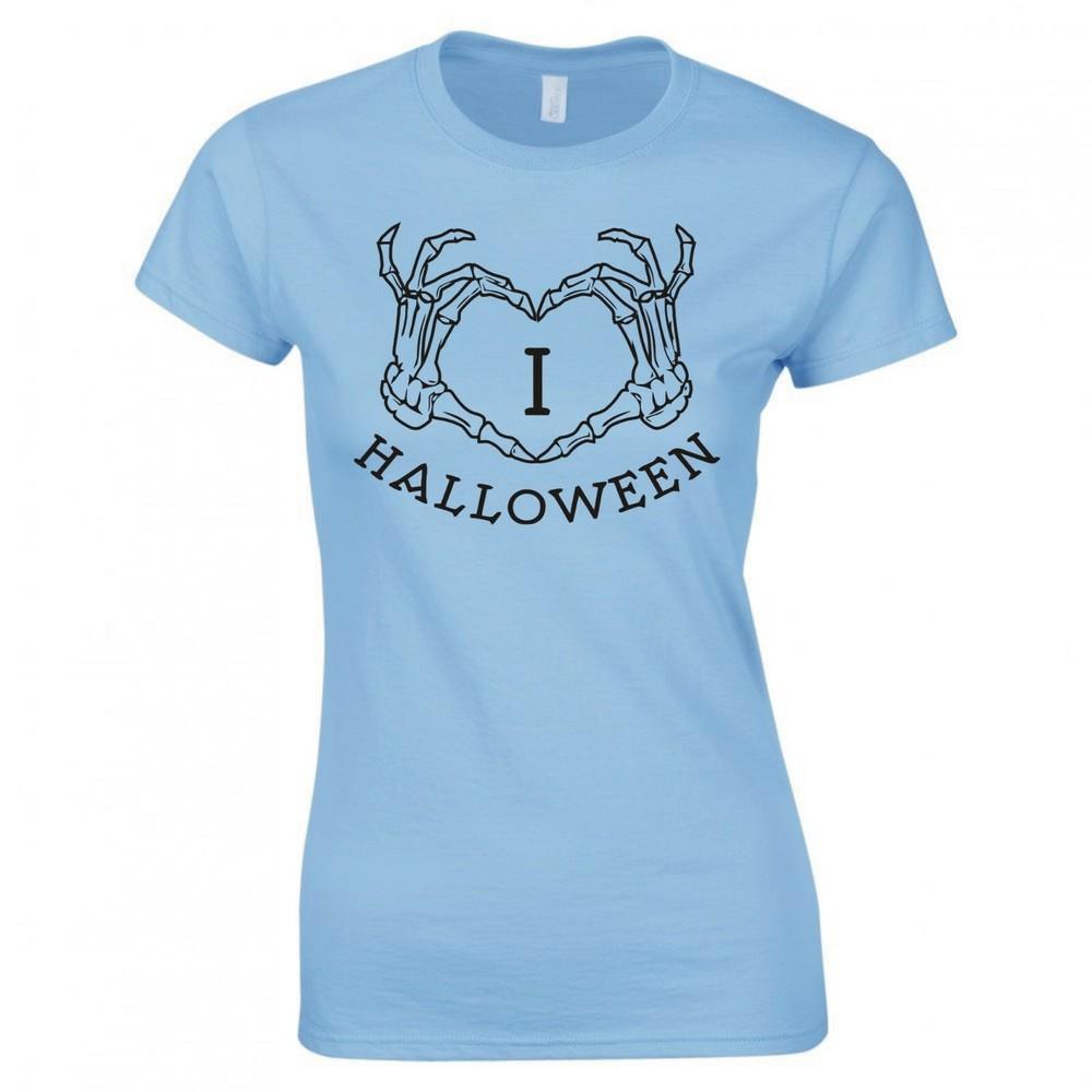 I Love Halloween Skeleton Heart Hands Ladies Skinny Fit TShirt S