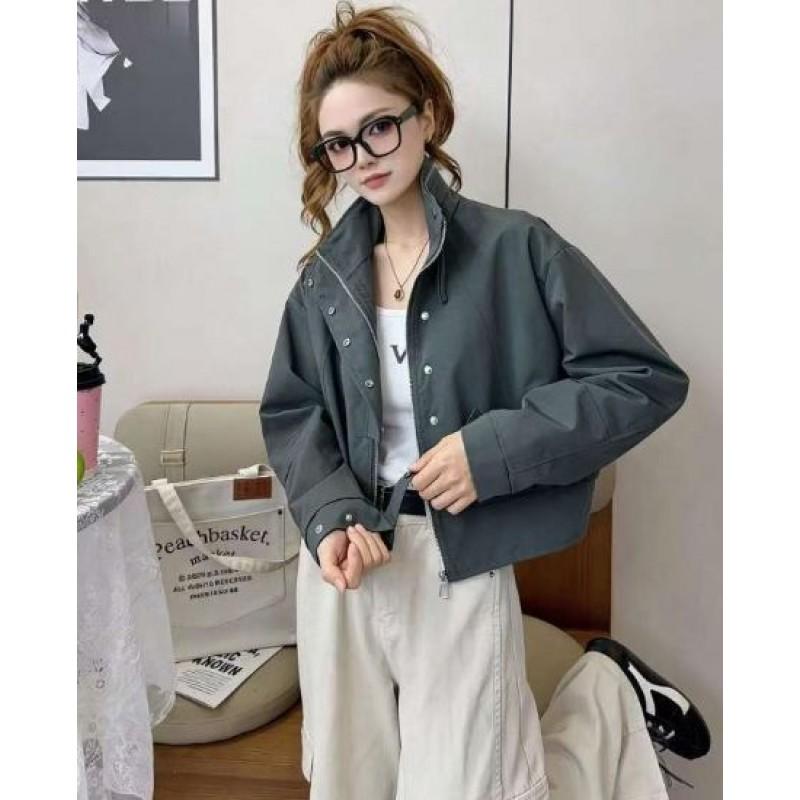 Womens Stand Collar Zip-Up Short Utility Jacket 2026 Korean Style Loose Fit Casual Outerwear