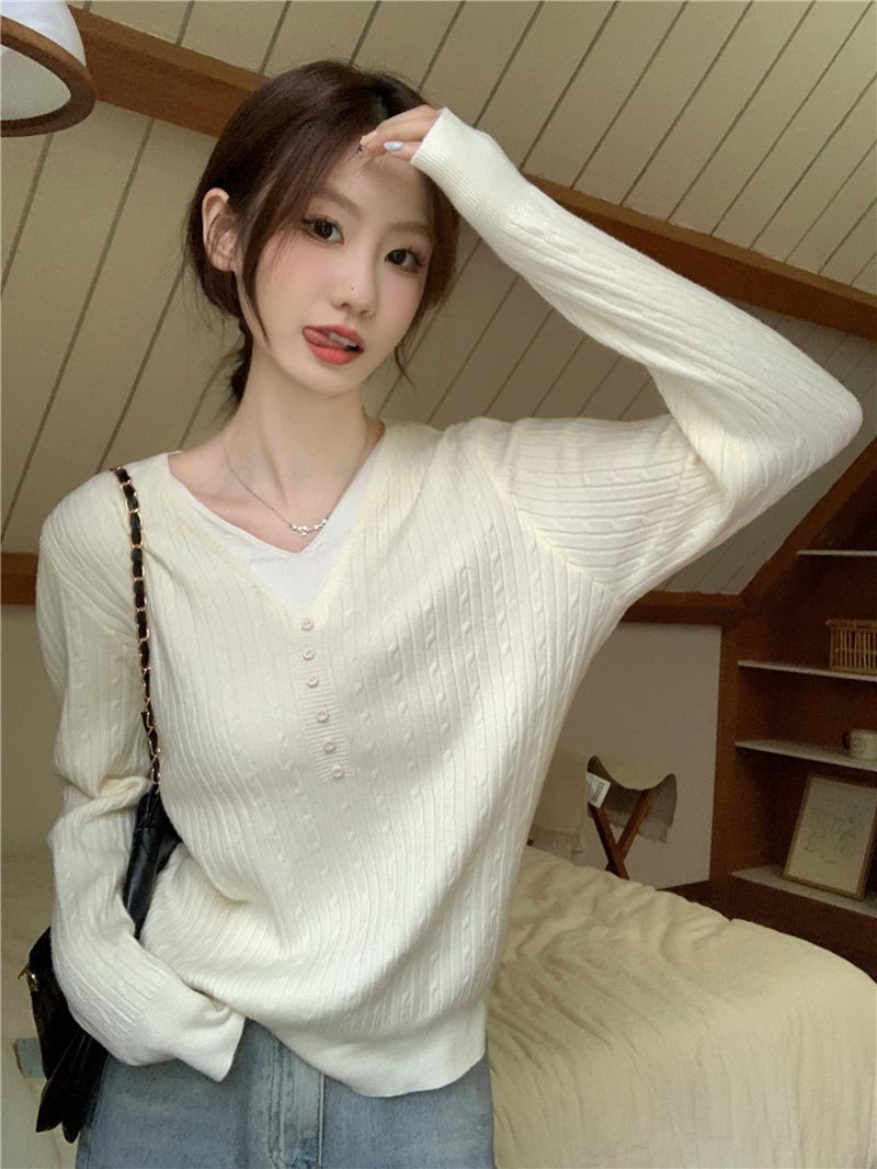 

Женский вязаный топ с эффектом двухслойности, базовый слой, осенне-зимняя верхняя одежда, бежевый свитер с V-образным вырезом One Size абрикосовый