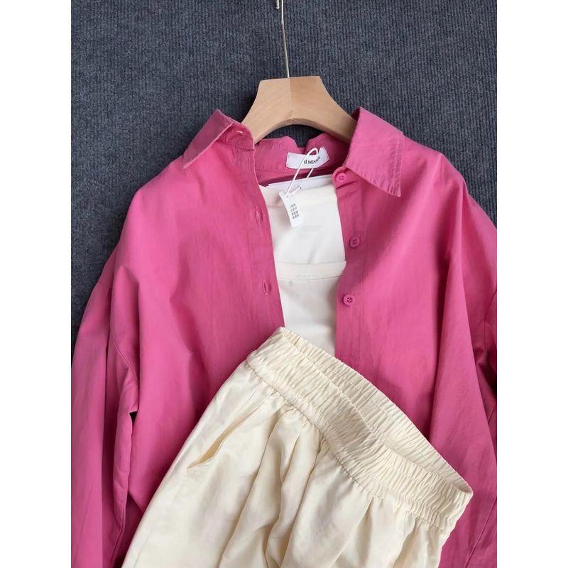 Pure Cotton Bandage Dress Rose Pink Shirt for Women Inner Wear Base Loose All-Matching Slimming Long Sleeve Shirt Coat Trendy
