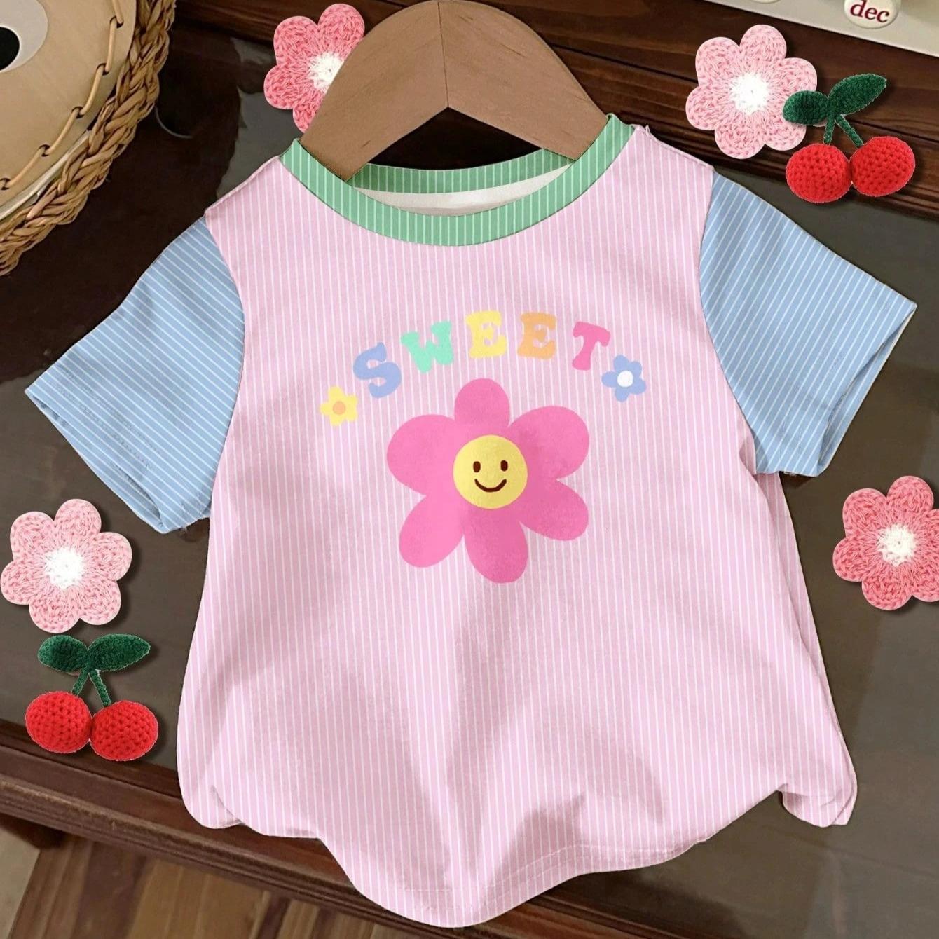 

Summer Round Neck 3D Flower Heart Printed Top Fashionable Casual Short Sleeved Children s Girl T-shirts 110