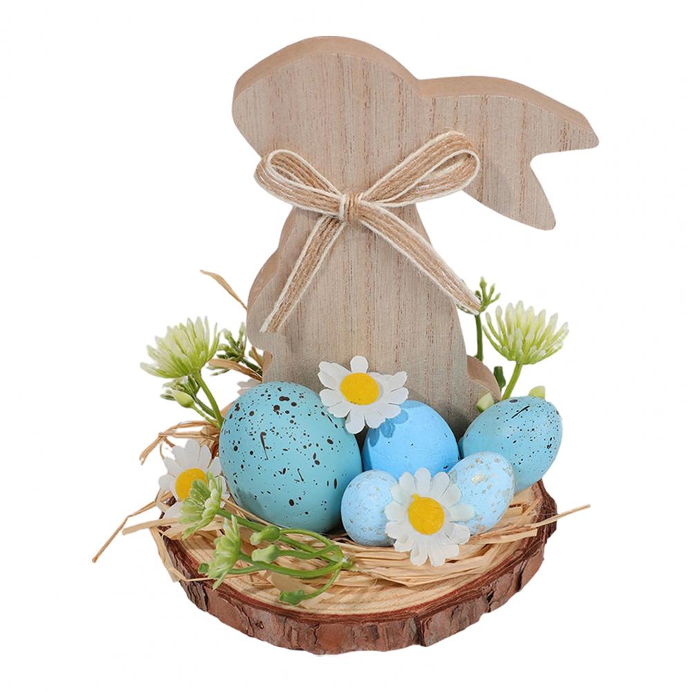 Wooden Easter Bunny Decoration Farmhouse Rustic Artificial Flower Colorful Egg Rabbit Table Sign Desktop Ornament Home Ornament
