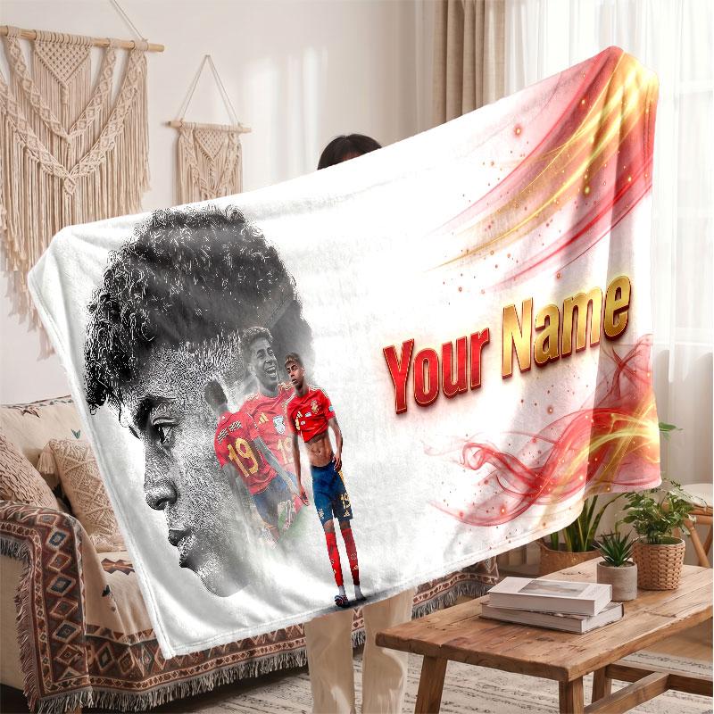 Lamine Yamal Personalisierte Fleecedecke Mit Fußball Logo, Benutzerdefinierter Name Text Weich Warm Heimdecke