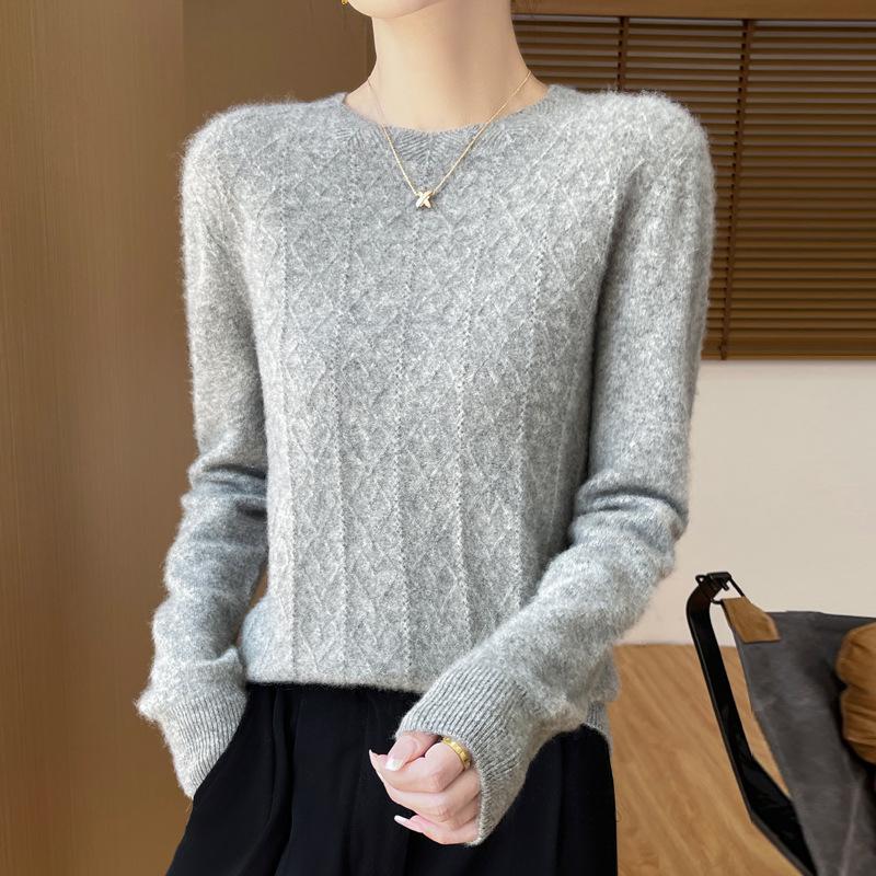 New Seamless One-line Cardigan Round Neck Floral Pullover Wool Knit Top for Women