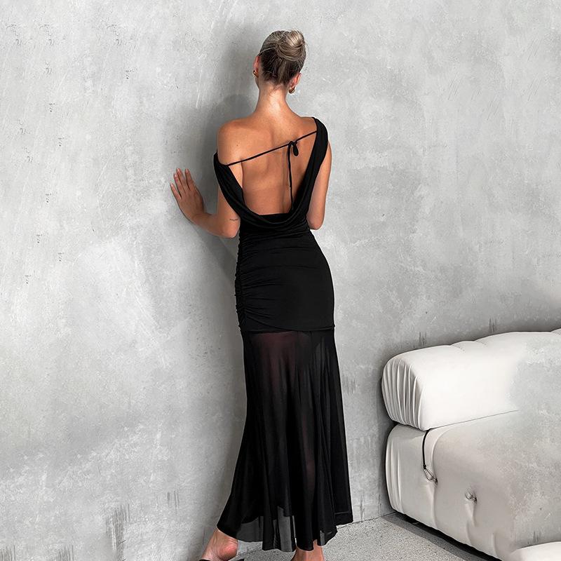 JY25022 Cowl Neck Backless Mesh Dress - European & American Style, Sexy Slim Fit, Long Spring 2025 Fashion
