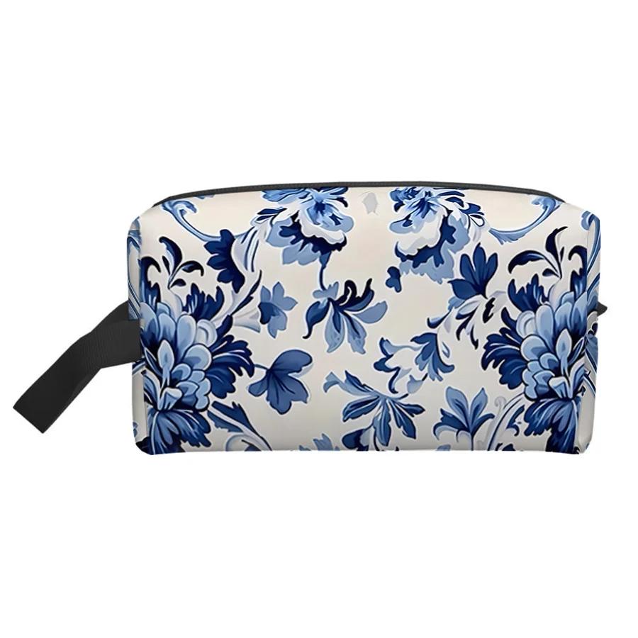 Large Portable Cosmetic Pouch with Zipper Closure Flower Pattern Toiletries Storage and Travel Makeup Bag Makeup Accessory Bag