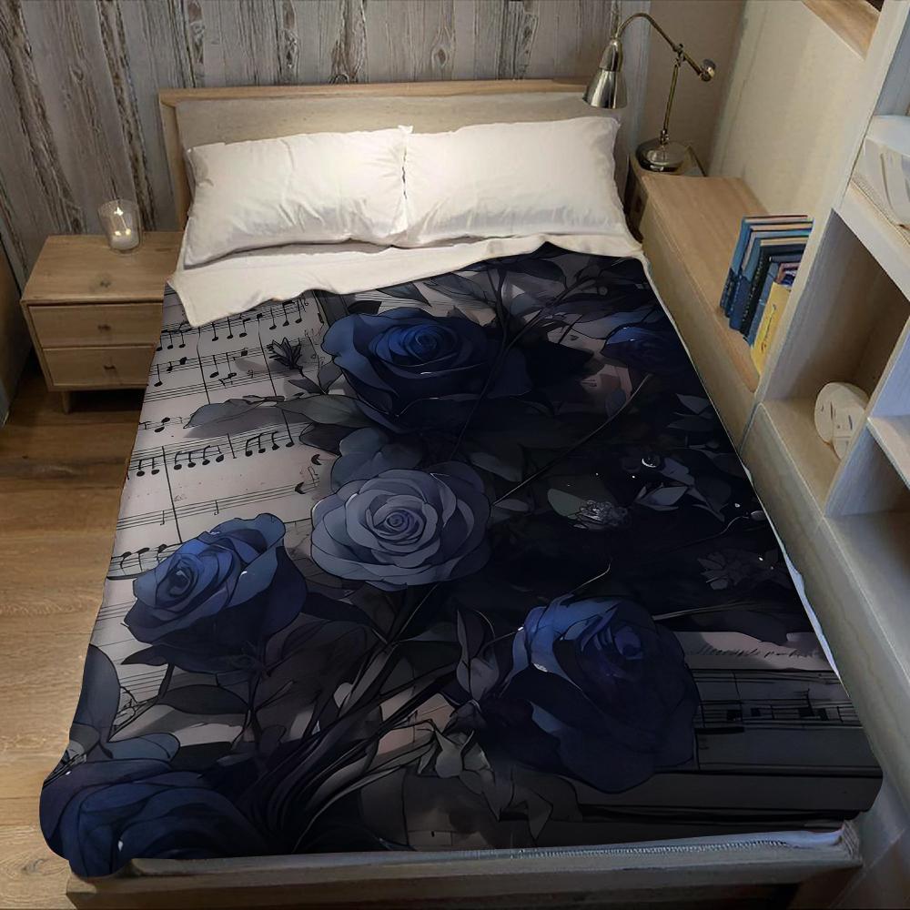 Blue Roses Sheet Music Flannel Blanket Warm Soft Halloween Christmas Couch Warm Cozy Decorative Decor Gift for All Season