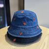 Korean-style strawberry embroidered denim bucket hat for men, wide brim sun protection, fashionable and versatile, makes the face look smaller,