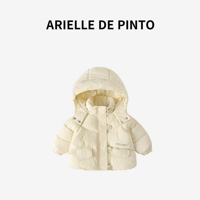 French Arielle De Pinto Girls  Fleece-Lined Jacket, New Winter Style, Stylish Casual Letter-Print Cotton Coat for Girls Beige 140