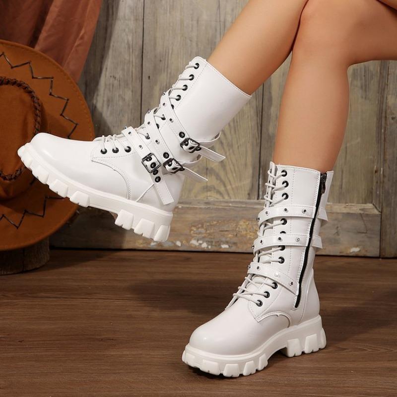 Thick-soled Martin Boots Women's Autumn and Winter New Round Toe Belt Buckle Motorcycle Boots with Fleece Women's Boots