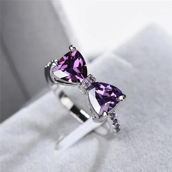

Fashion Deep Purple Austria Crystal Bow Ring Wedding Engagement Cubic Zirconia stamp Silver color Rings for Women Wholesale 10 фіолетовий