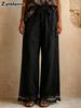 Summer Linen Cotton Side Slit Ruffles Bohemian Wide Leg Pants