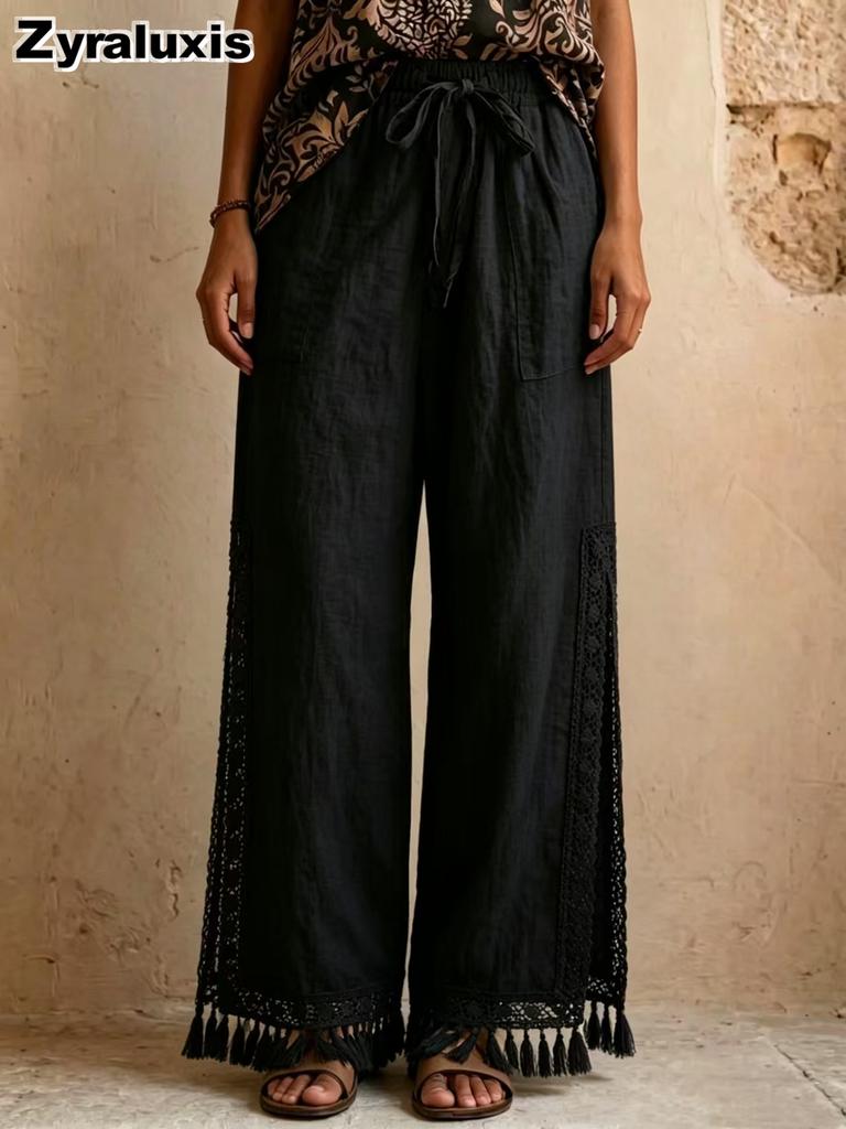 Summer Linen Cotton Side Slit Ruffles Bohemian Wide Leg Pants