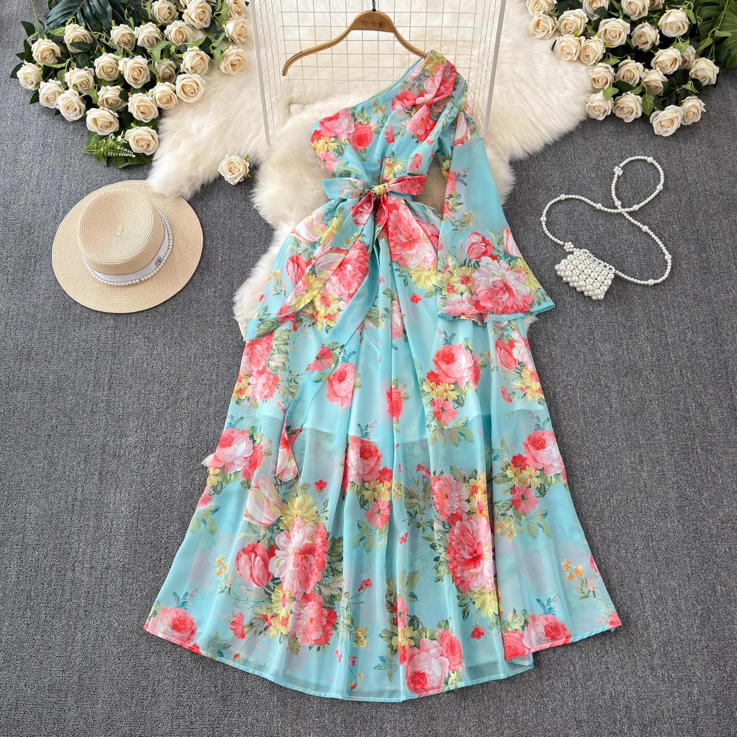 

Новое летнее праздничное шифоновое платье, женское нерегулярное платье на одно плечо с расклешенными рукавами и цветочным принтом, бант на талии, халат в стиле бохо, длинные платья M зелёный