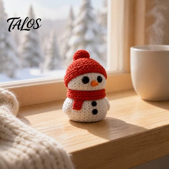 Seasonal Shelf Ornament 3D Printed Knitted Snowman Figurine, Christmas Statue with Red Knit Figurine Hat and Scarf, Mini Sculpture for Holiday