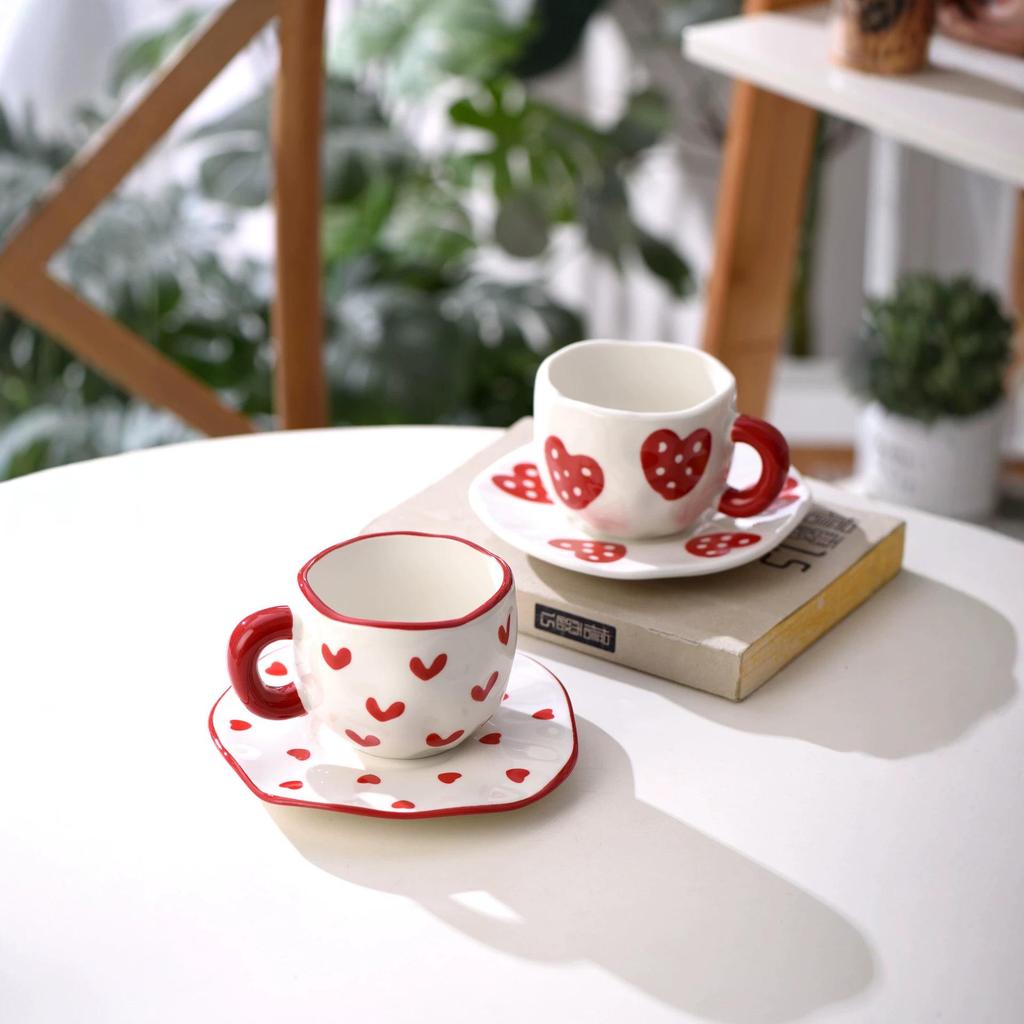 Ceramic Heart Cup and Saucer Set – Stylish Coffee Gift for Couples