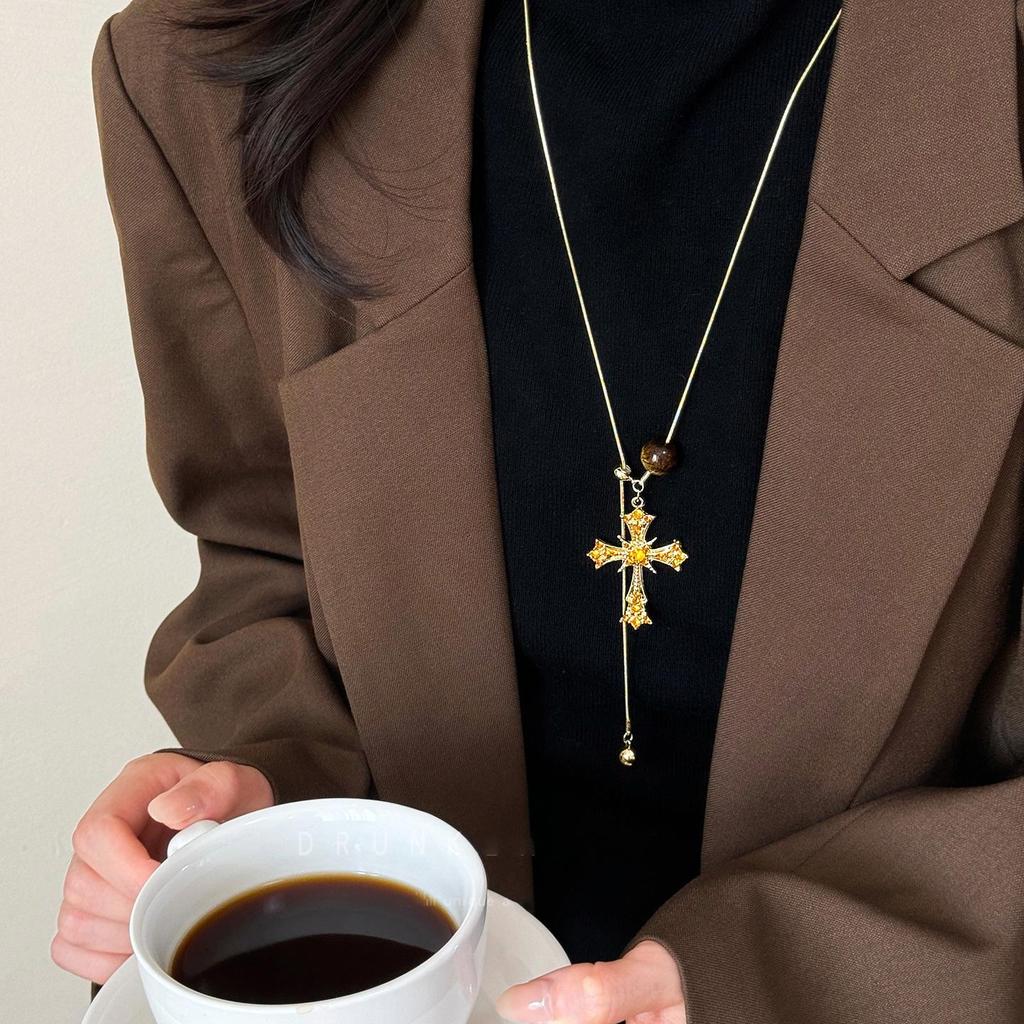 Vintage Tiger Eye Stone Cross Pendant Necklace with Sweater Chain Design