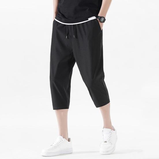 Men Cropped Pants Elastic Waistband Drawstring Quick-Drying Breathable Fit Fabric Loose Design Sports Leisure Pants