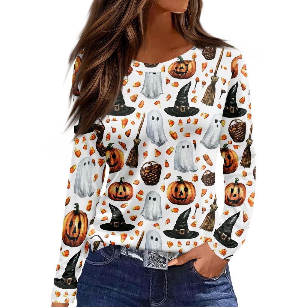 Women's Halloween Print Long Sleeve Pullover Top Round Neck Split Hem Casual Loose Fit Lightweight Sweatshirt