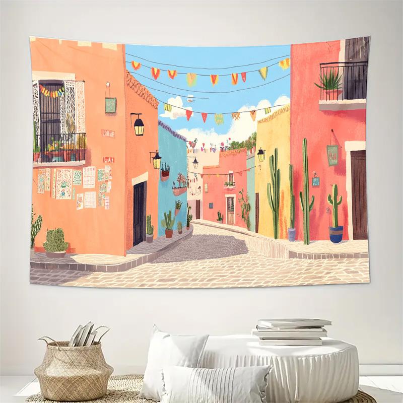 Colorful Mexican Street Scene Wall Tapestry Machine Washable All Season Decor Art Print Vibrant Desert Town Design Home