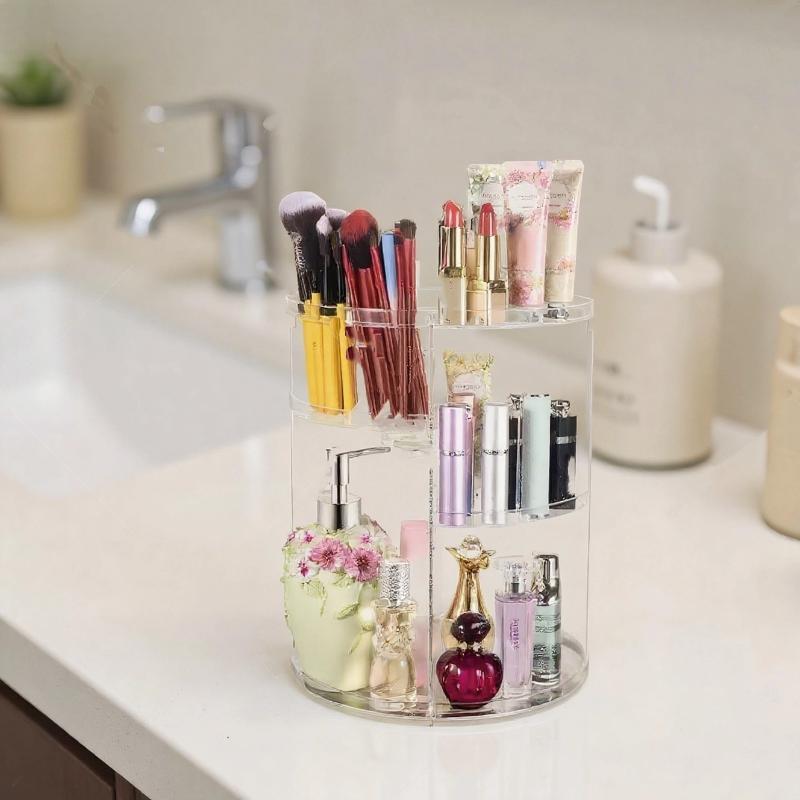 Rotating Makeup Organizer Cosmetic Display Case With Brush Holder Perfume Tray Storage Carousel For Vanity Bathroom Countertop