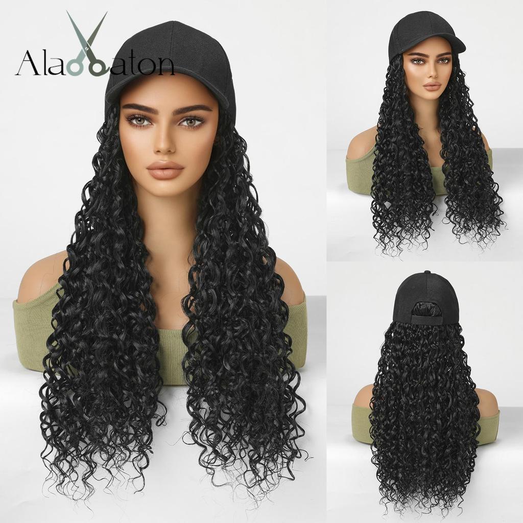 ALAN EATON Long Black Synthetic Wigs with Baseball Hat Removable Silk Straight Wig for Women Smooth Natural Realistic Wig Heat Resistant