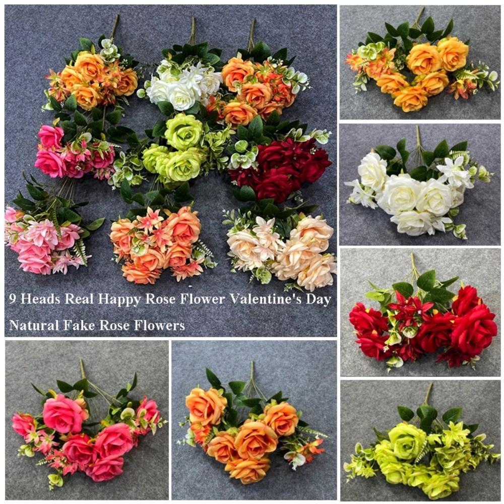 9 Heads Real Happy Rose Flower Mini Photography Photo Gift Valentine's Day Flowers 9 Colors Crystal Grass Bouquet