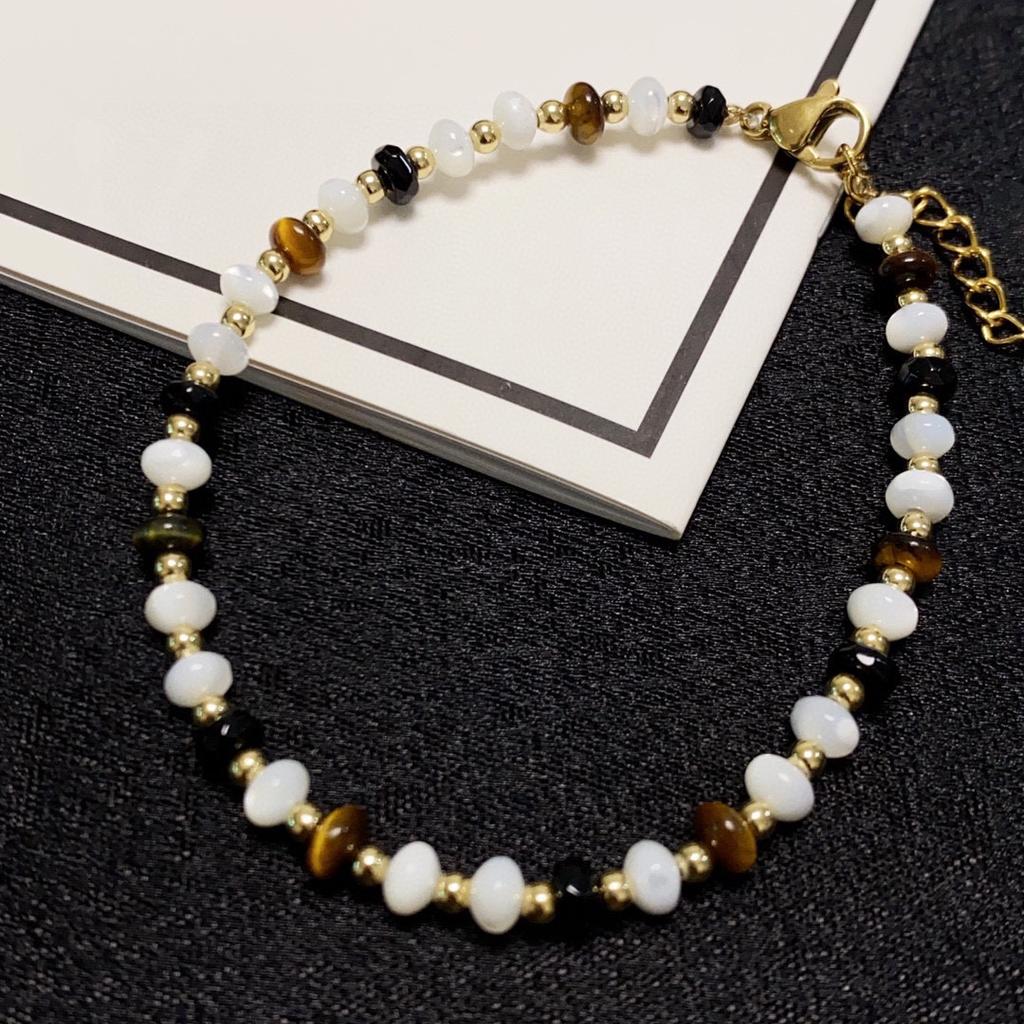 Natural Tiger Eye Stone Natural White Fritillaria Natural Agate Material Bead Bracelet, Retro High Grade Beautiful Gift Bangle