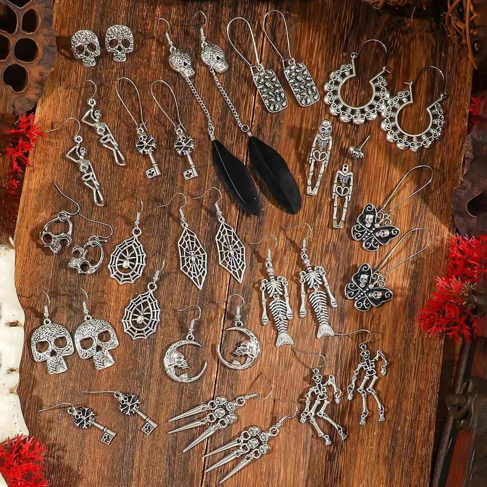 17 Pairs Antique Silver Earrings Drop Dangle Stud Earrings Halloween Thanksgiving Skull Spooky Jointed Skeleton Party Gifts