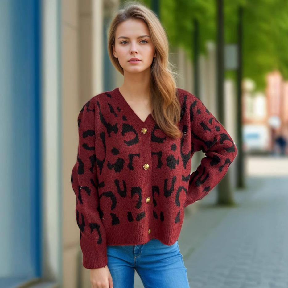 Autumn and winter new leopard print short sweater women's cross-border V-neck casual knitted cardigan top 3580 KTB