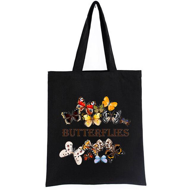 Modna Urocza Różowa Torba na Zakupy Bawełniana Anime Motyle Markowa Płócienna Torba Shopper Khaki Czarna Torba na Ramię Kobiety Tote