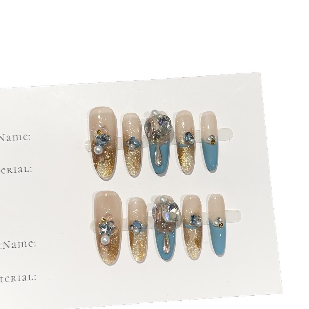Women Press‑On Nails Pure‑Handmade Amber Cat‑Eye Pile Rhinestone Sparkling Light‑Luxury False Nail Patches