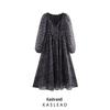 2024 Autumn Women's Organza Print Lantern Sleeve Long Dress - European & American Style Fashion
