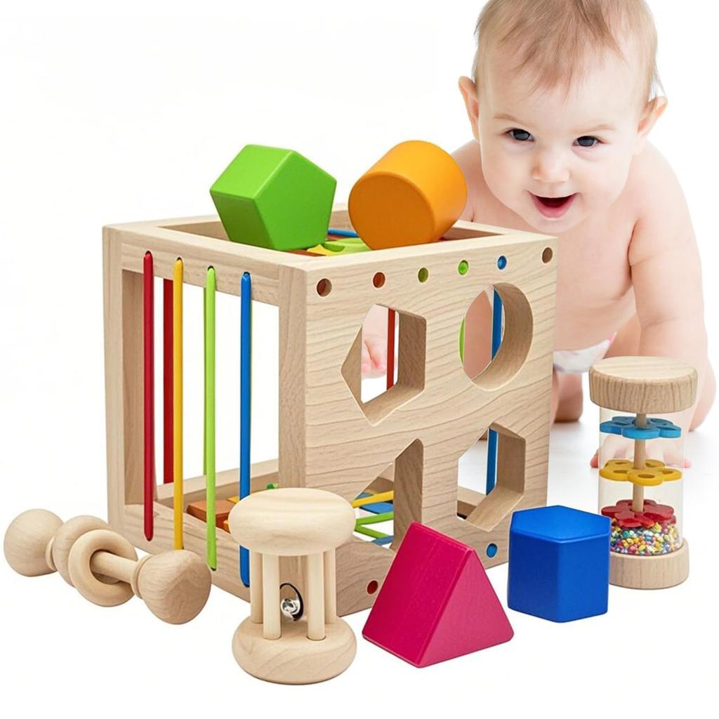 JUYEE Educational Toy Shape Matching Cubes for Boys and Girls, Montessori Style Wooden Toy, Shape Sorting Puzzle, Early Development, Color, Shape,