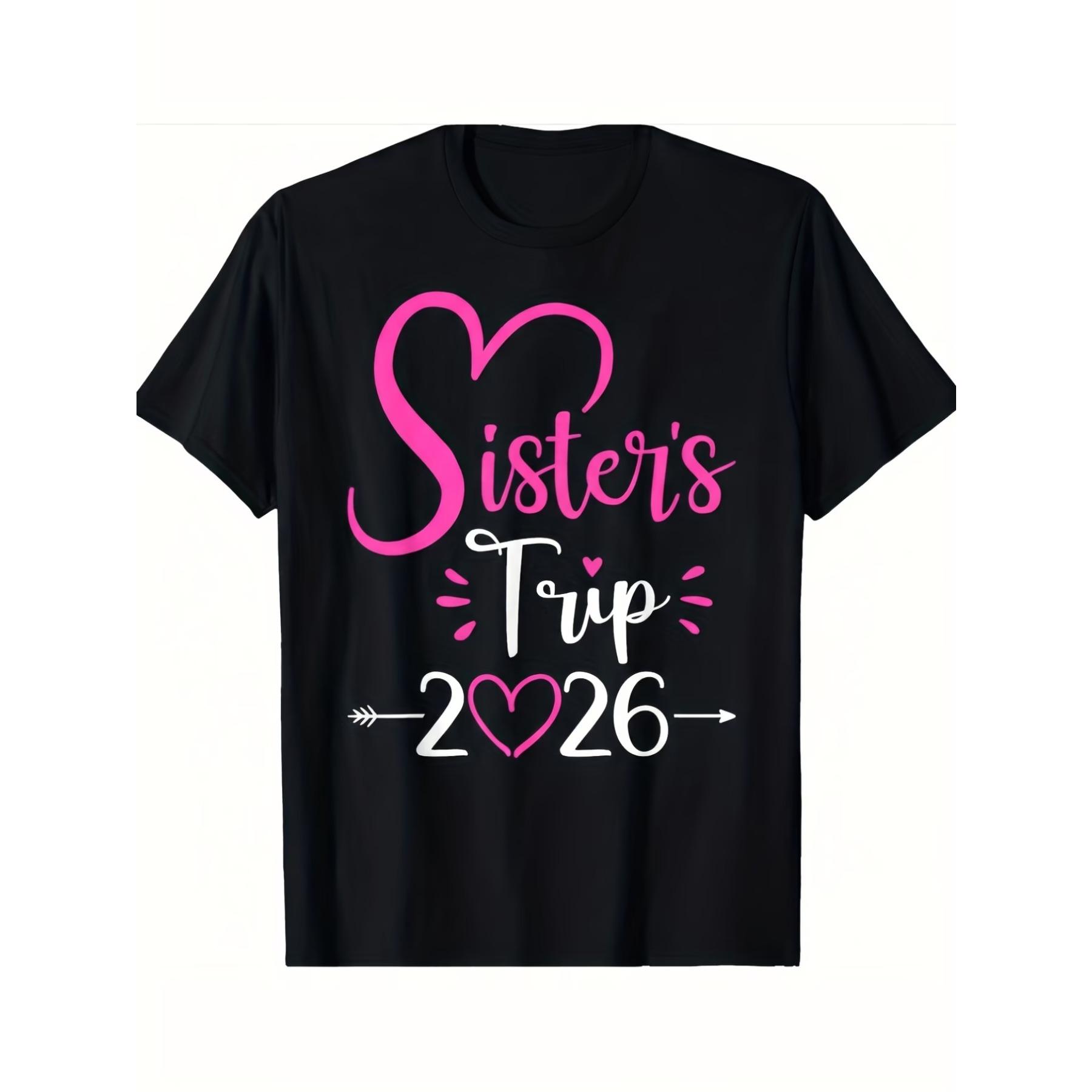 

Sisters Trip 2026 Matching T-Shirts - Oversized Unisex Graphic Print Crew Neck Tees, Soft Breathable, Black with Pink Lettering & Heart Design XXL чорний