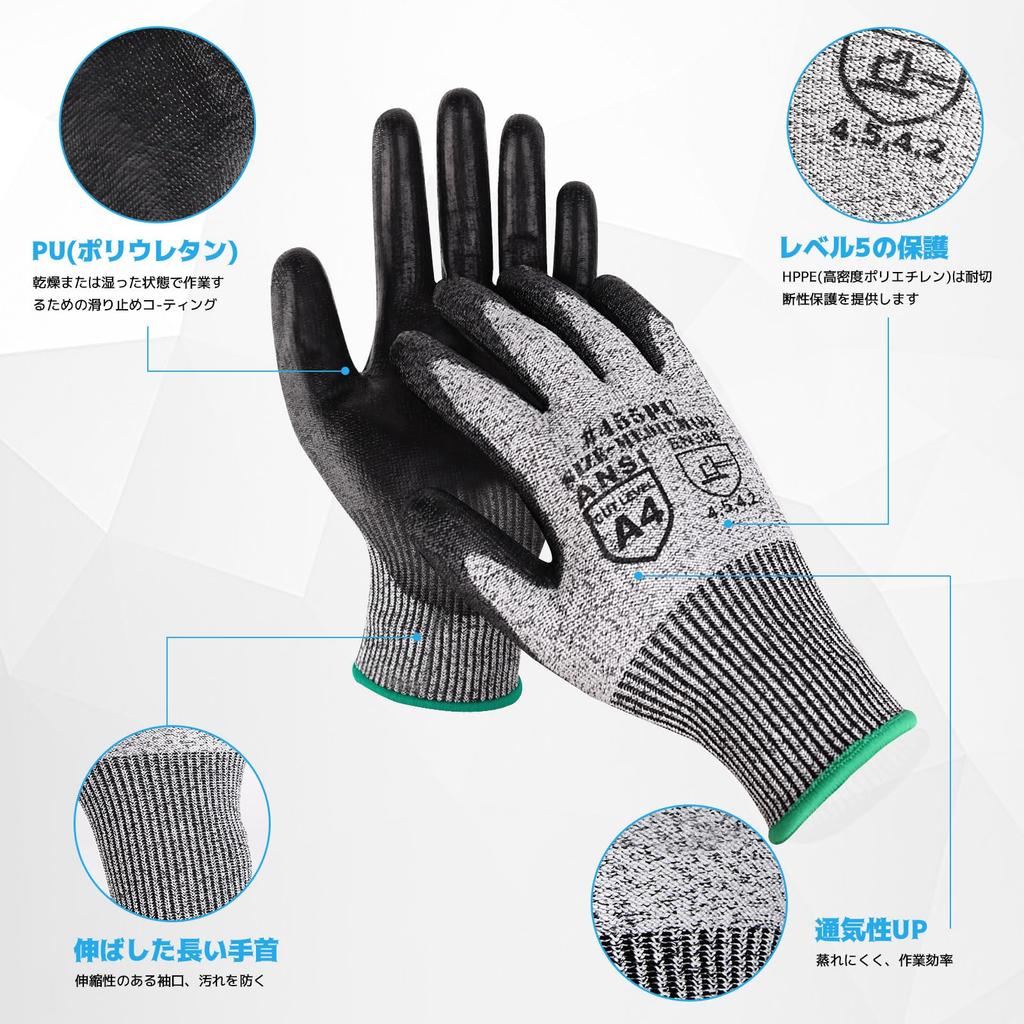 DONFRI 3 Pairs Work Level 5 Cut for and DIY Cut-Resistant Gloves, Non-Slip, Cut-Resistant, PU-Coated, Resistance, Long-Lasting, Cooking, Crafts,