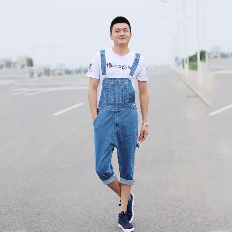 Men's Denim Overalls Large Size Strap Straight Pants Light Blue Shorts