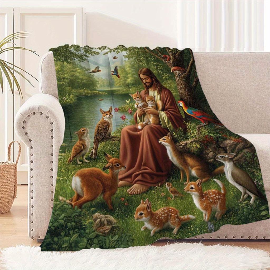 1pc Jesus Printing Flannel Blanket, Soft Cozy Blanket Nap Blanket for Travel Sofa Bed Office Home Decor, Birthday Holiday Gift