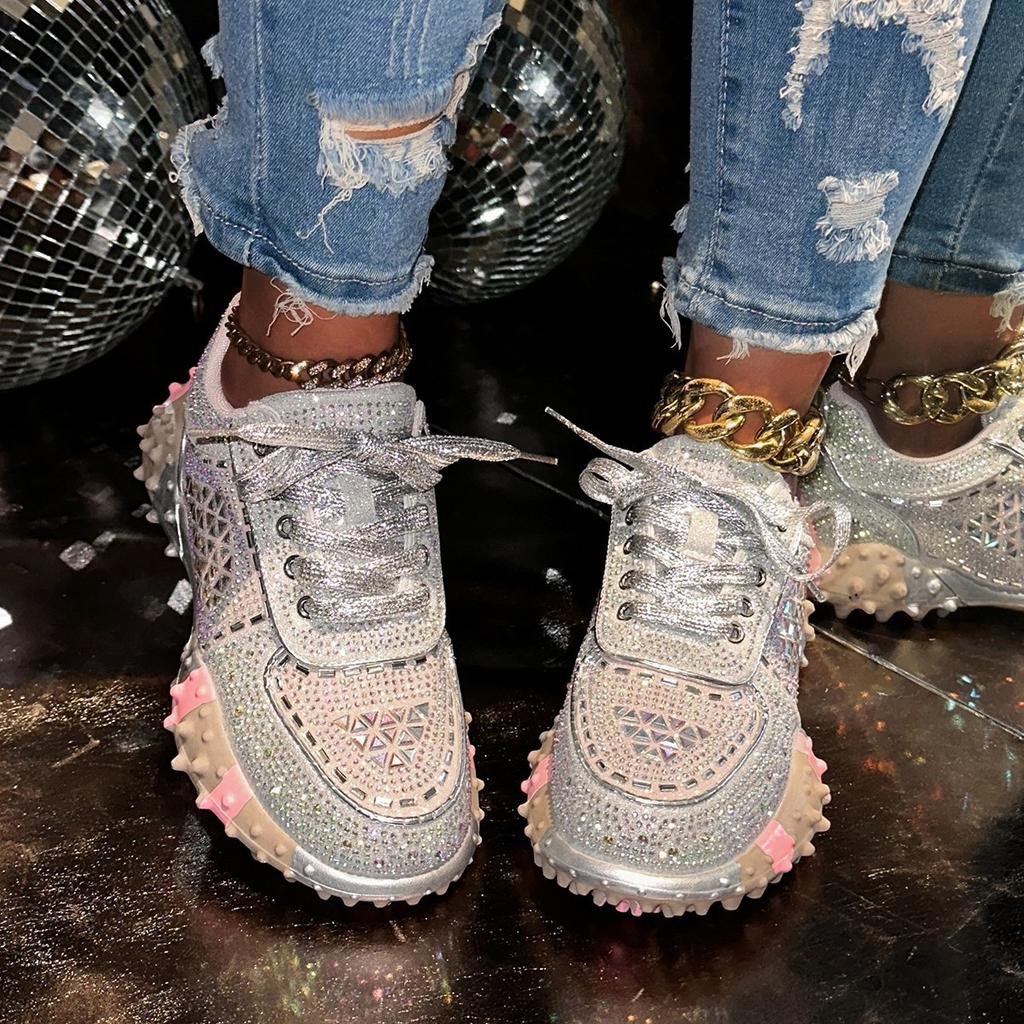 Dad Shoes Europäische Schuhe Neue Sommer Atmungsaktive Einzelne Schuhe Plateau Lässige Sportschuhe Strass Netzschuhe