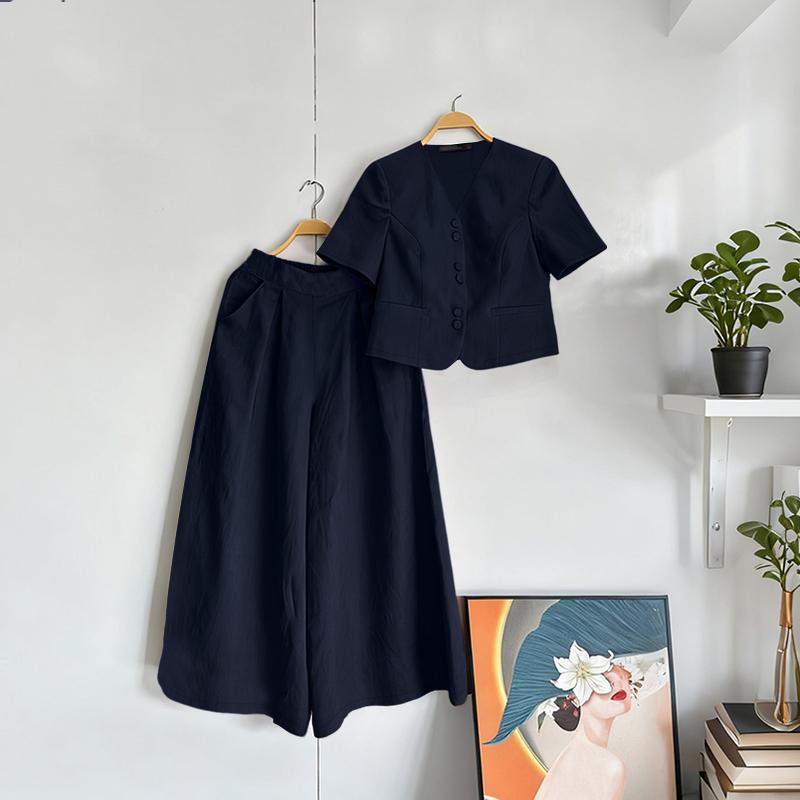 

ZANZEA Женская блузка с коротким рукавом и брюки Летние комплекты-двойки 5XL темно-синий