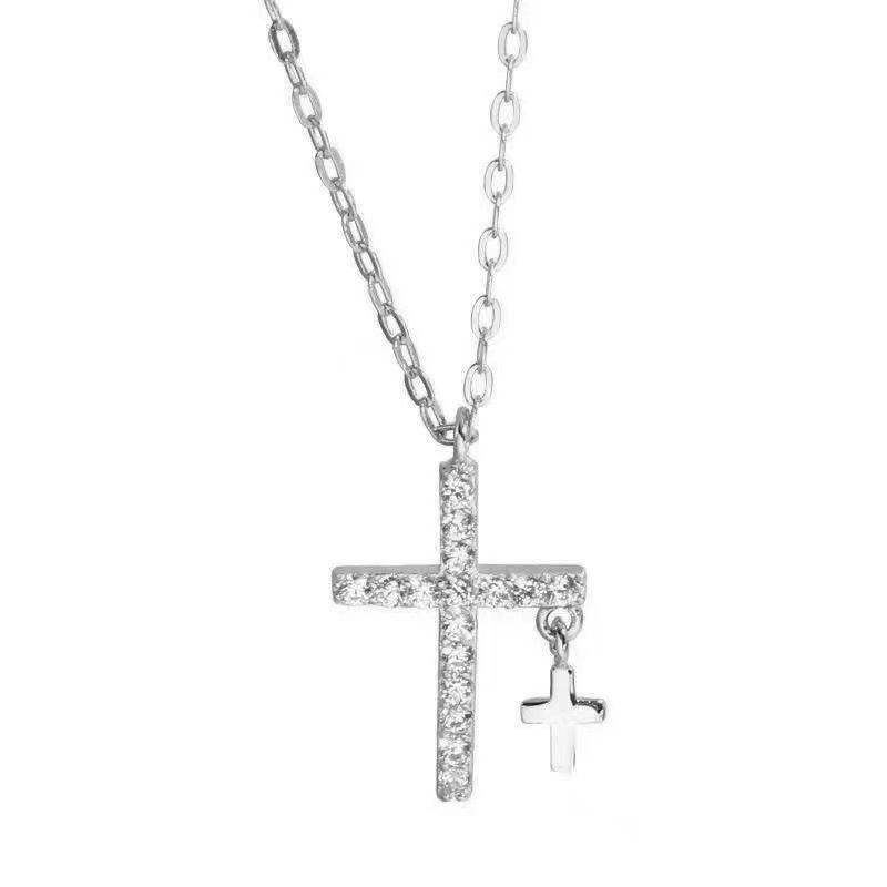 Women Ins Light Luxury Cubic Zirconia Cross Pendant Clavicle Sweater Necklace