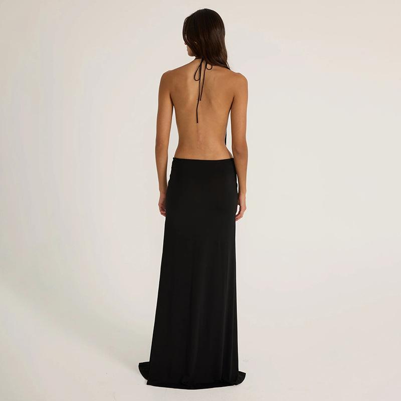 Summer new European and American women's clothing solid color sleeveless slim neck strap sexy backless dress women