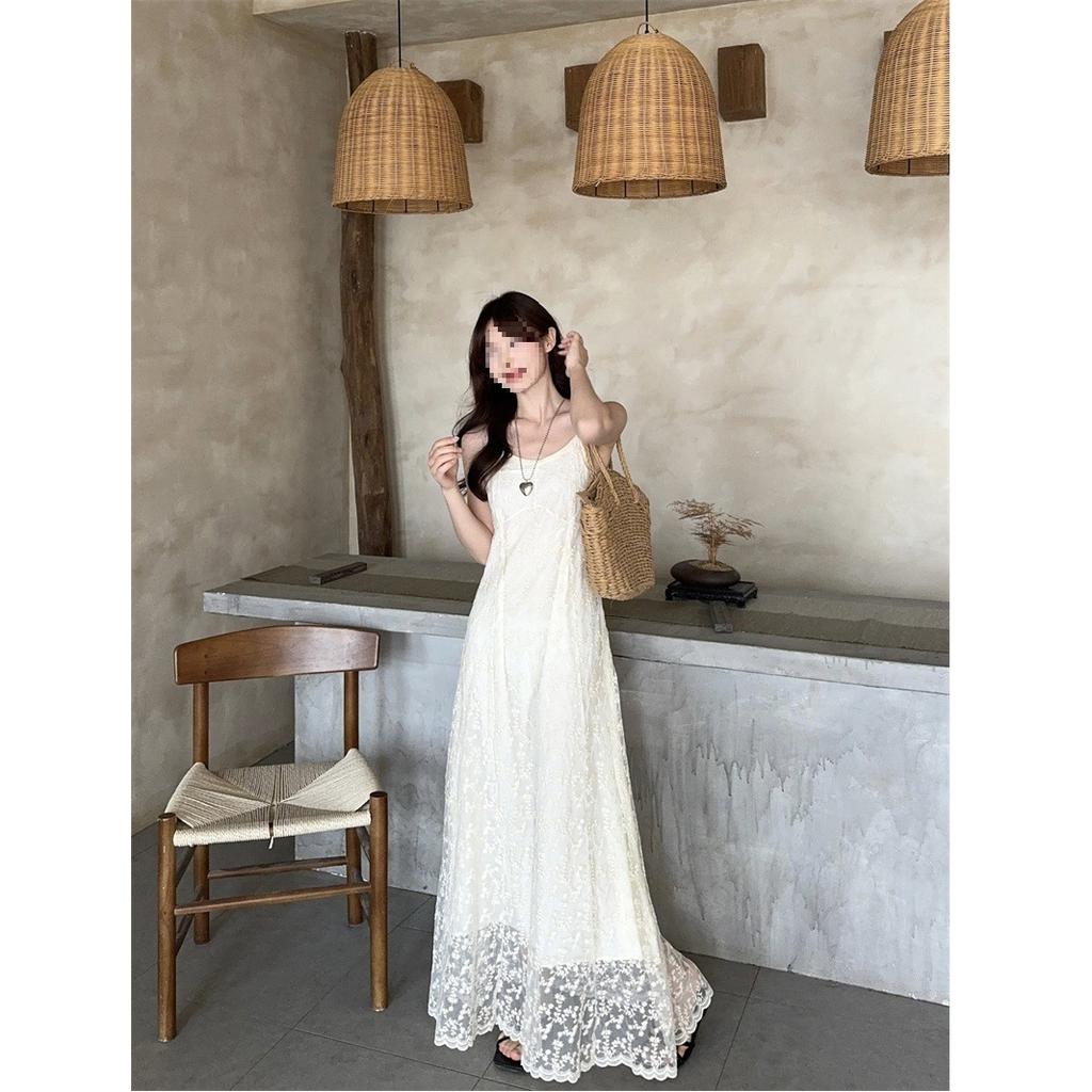 Embroidery suspender dress pure desire style women's summer temperament fashion waist thin chic long skirt tide
