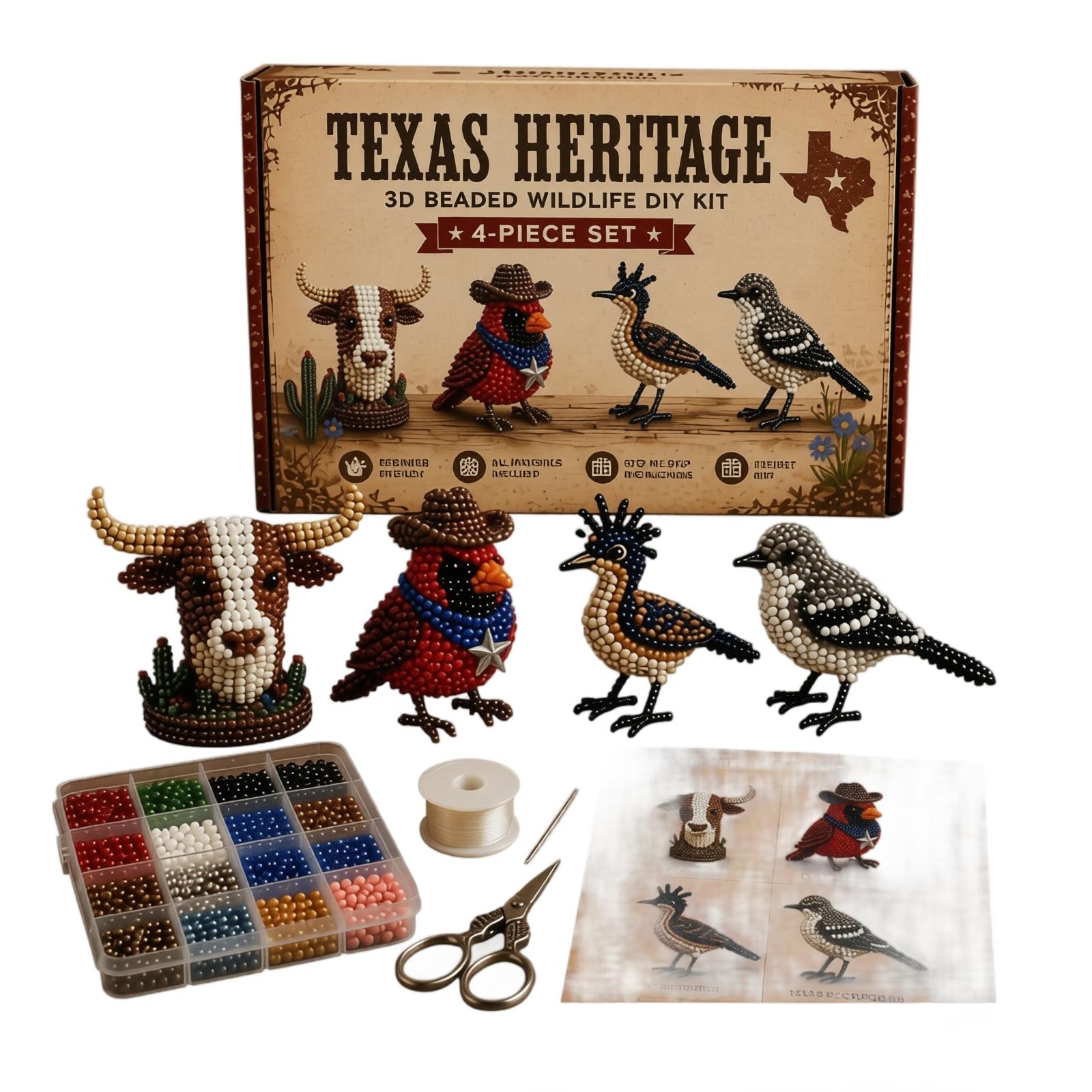 

Texas Heritage 3D Beaded Wildlife DIY Kit 4-Piece Set Includes Beads Wire Thread Needle Scissors and Instructions for Crafting Wildlife Figures One Size