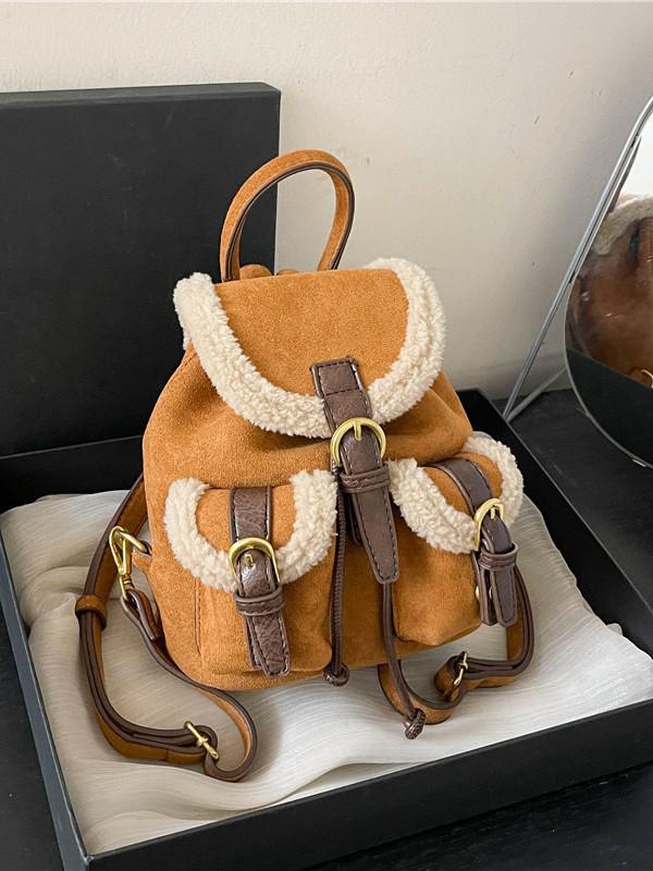 2025 Autumn/Winter Women's Retro Lambswool Color Block Handbag Backpack