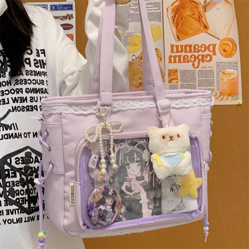 Japanese transparent lace pain bag daily baby bag shoulder bag female student two-dimensional commuter tote bag messenger