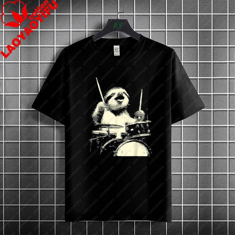 Rock Music Skeleton Drummer  Rock on Drum Kit Graphic Tshirt 100Cotton Short Sleeve Round Neck Humor Style Casual Tshirt