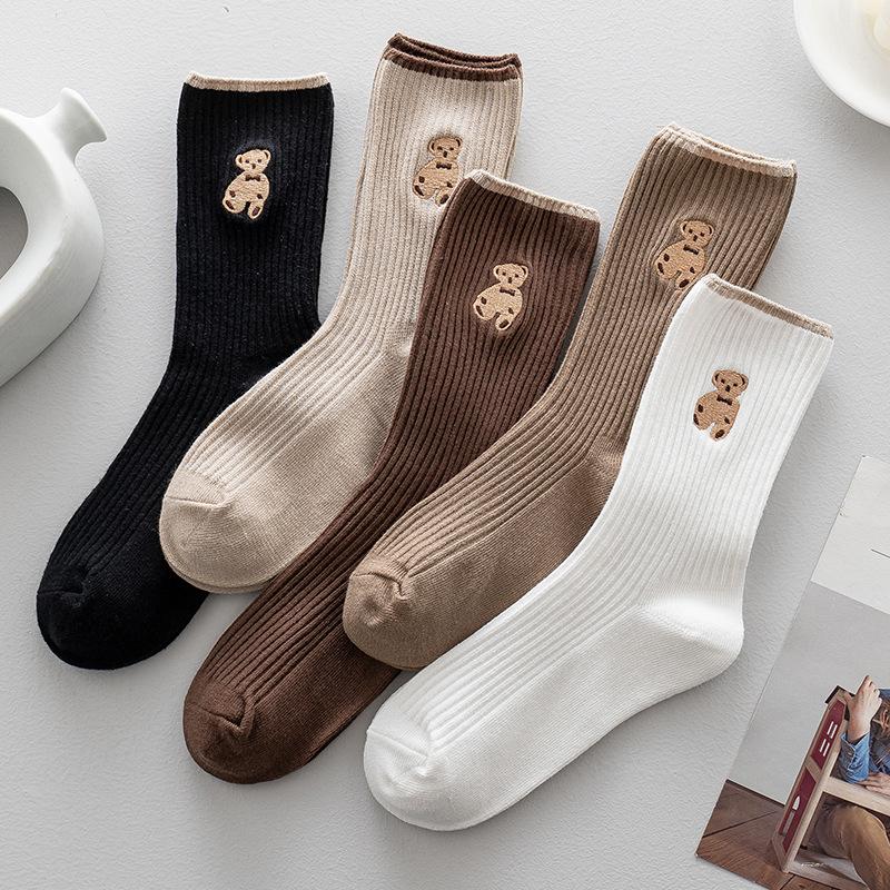 Women'S Cartoon Bear Socks Korean Casual Stockings Soft Cotton Socks Autumn Coffee Stockings Kawaii Women Socks Women Hosiery